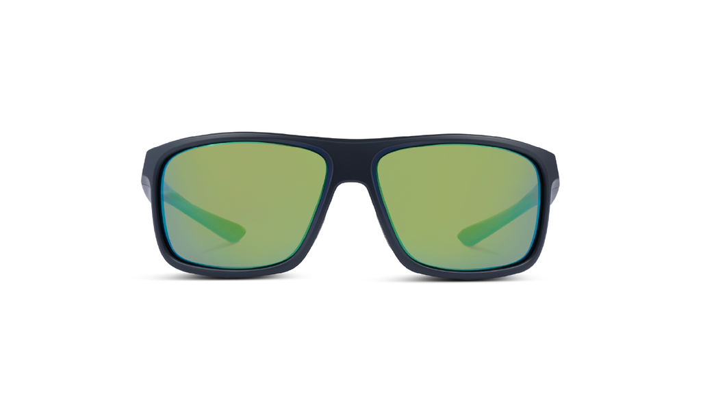 Optic Nerve Zaldaingerous Cuda Sunglasses with a black frame, amber lenses, and a green mirror on a white background