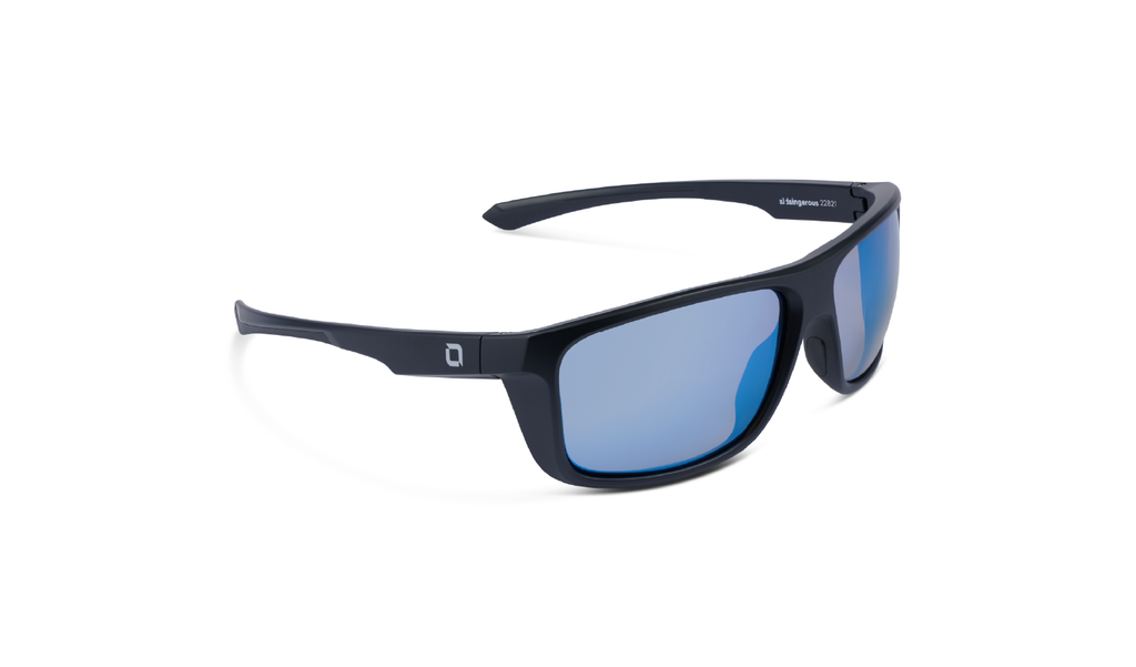 Optic Nerve Zaldaingerous Cuda Sunglasses with a black frame, amber lenses, and a blue mirror on a white background
