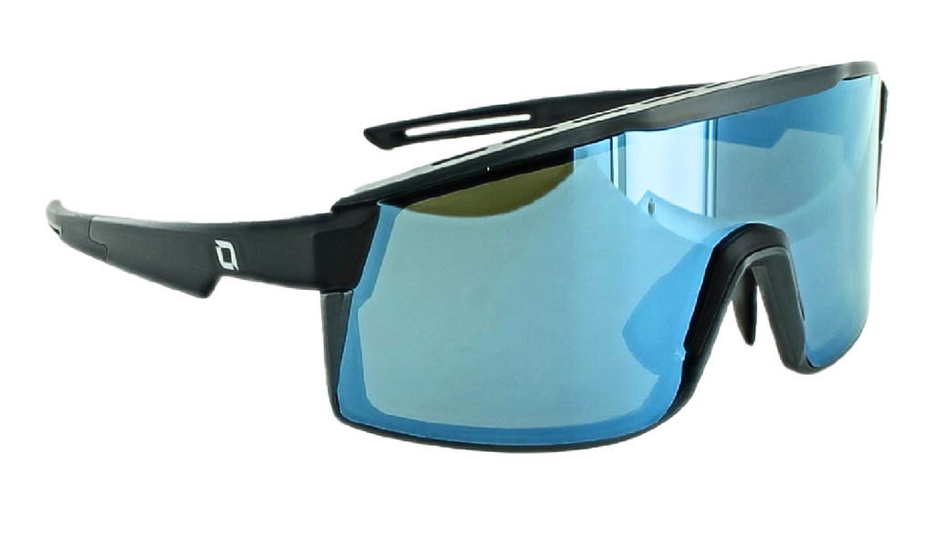 Zaldaingerous FixieMAX Sunglasses with a black frame, high-def color tuned amber lens, and a blue mirror on a white background