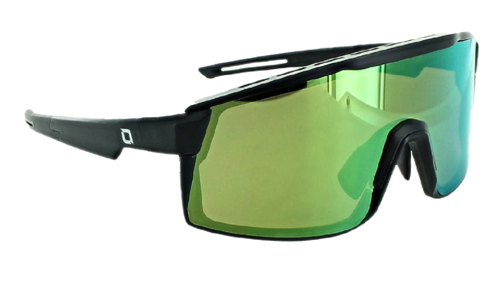 Zaldaingerous FixieMAX sunglasses with a black frame, high-def color tuned amber lens, and a green mirror on a white background