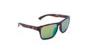 Optic Nerve Zaldaingerous Rumble sunglasses with a tortoise frame, amber lens, and a green mirror on a white background