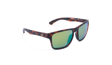 Optic Nerve Zaldaingerous Rumble sunglasses with a tortoise frame, amber lens, and a green mirror on a white background
