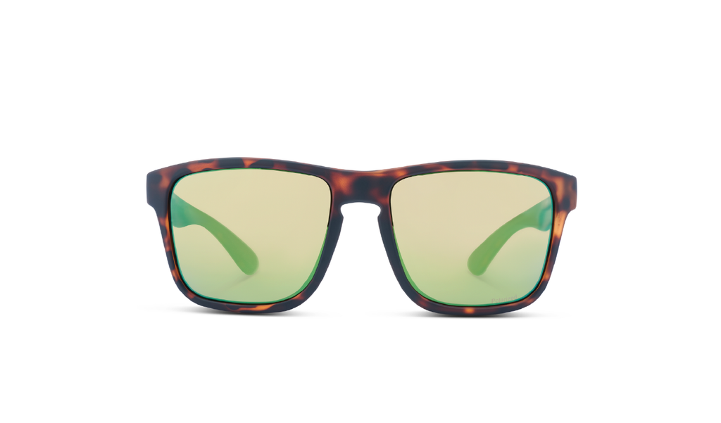 Optic Nerve Zaldaingerous Rumble sunglasses with a tortoise frame, amber lens, and a green mirror on a white background