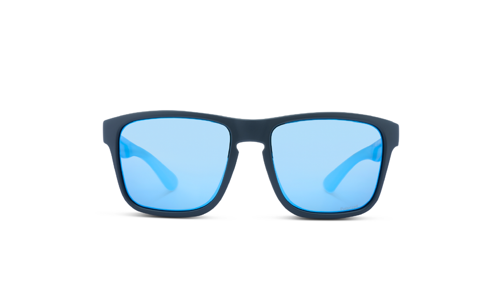 Optic Nerve Zaldaingerous Rumble sunglasses with a black frame, amber lens, and a blue mirror on a white background