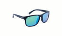 Optic Nerve Ziggy Sunglasses with a black frame, smoke lens, and a blue mirror on a white background