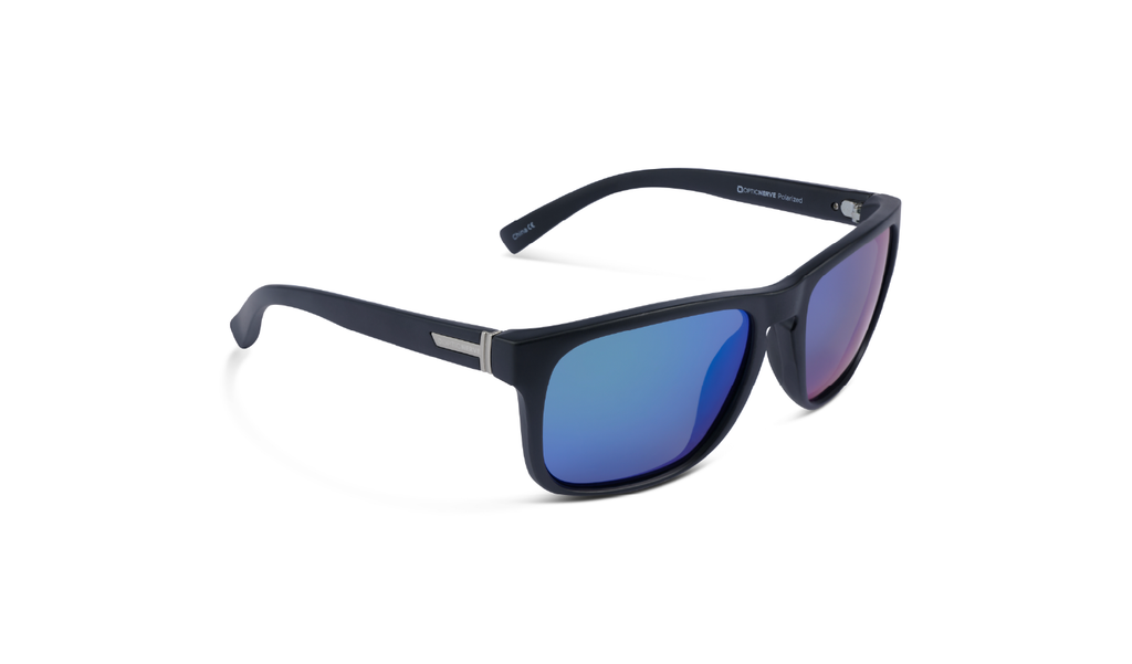 Ziggy Sunglasses with a black frame, smoke lens, and a blue mirror on a white background