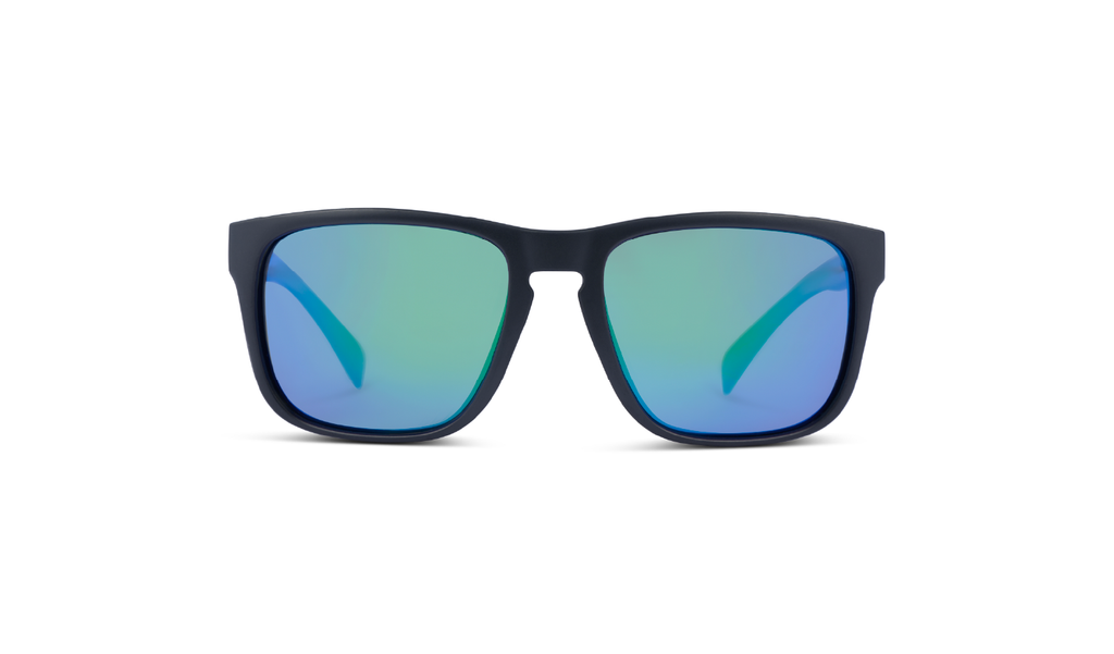 Optic Nerve Ziggy Sunglasses with a black frame, smoke lens, and a blue mirror on a white background