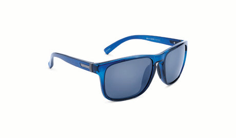 Optic Nerve Ziggy Sunglasses with a blue frame, smoke lens, and a silver mirror on a white background