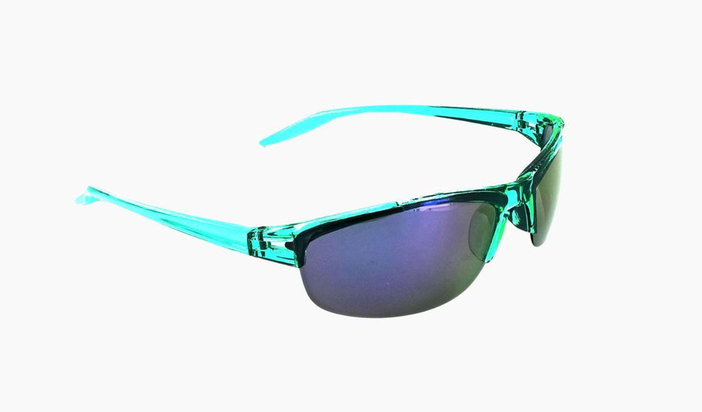 Optic Nerve Alpine sunglasses with a turquoise blue frame, smoke lenses, and purple mirror on a white background