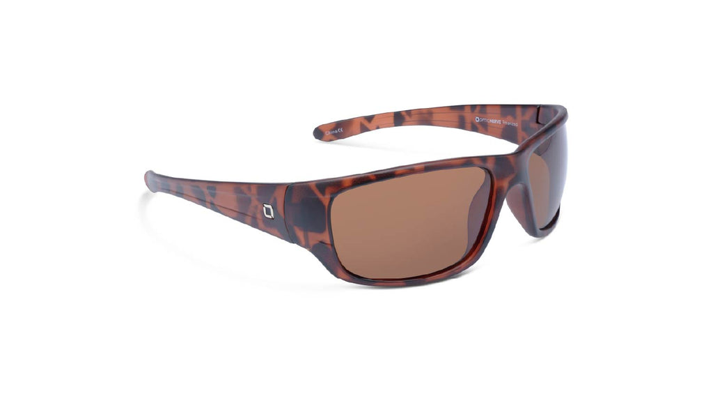 Optic Nerve Contra sunglasses with a tortoise frame and brown lenses on a white background