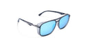 Optic Nerve Cousin sunglasses with a gray frame, brown lenses, and a blue mirror on a white background
