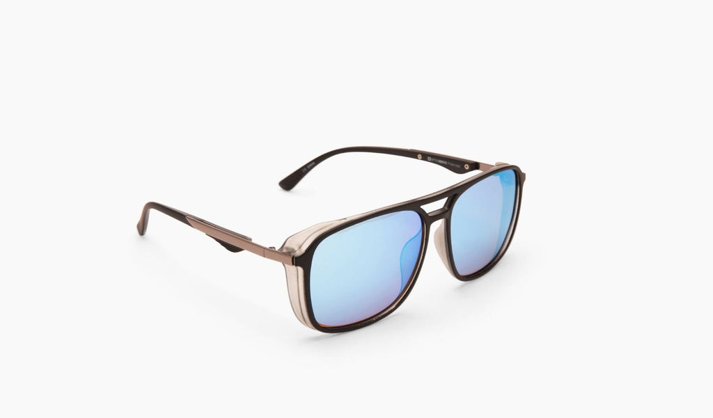 Optic Nerve Cousin sunglasses with a gray frame, brown lenses, and a blue mirror on a white background