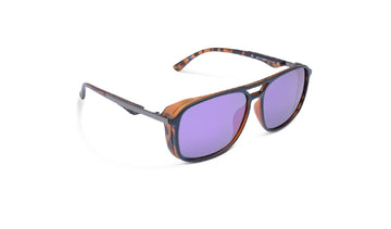 Optic Nerve Cousin sunglasses with a tortoise frame, smoke lenses, and purple mirror on a white background