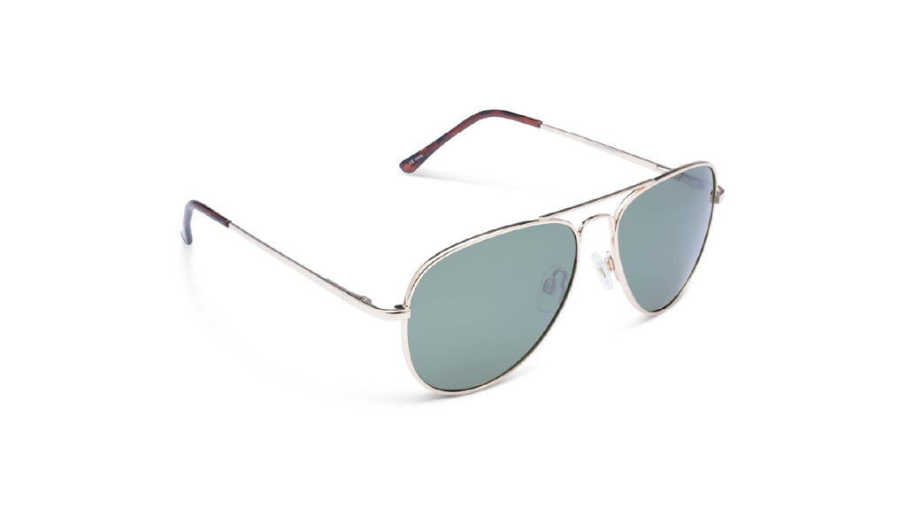 Optic Nerve Estrada sunglasses with gold frame and smoke lenses on a white background