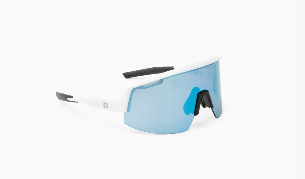 Optic Nerve FixieLUX sunglasses with a white frame, brown lens, and a blue mirror on a white background