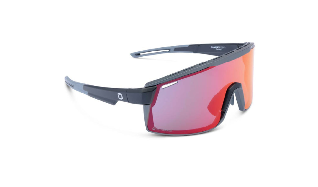 Optic Nerve FixieMAX sunglasses with a black frame, smoke lens, and a red mirror on a white background