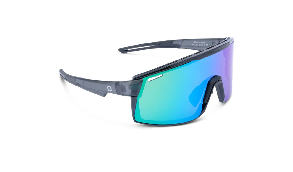 Optic Nerve FixieMAX sunglasses with a grey frame, smoke lens, and a green mirror on a white background