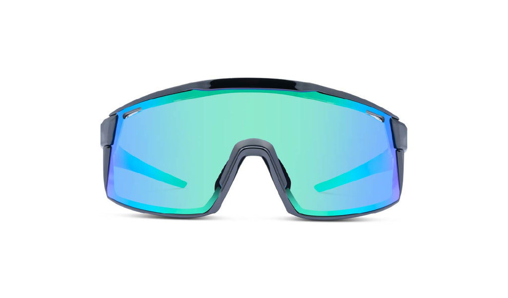 Optic Nerve FixieMAX sunglasses with a grey frame, smoke lens, and a green mirror on a white background