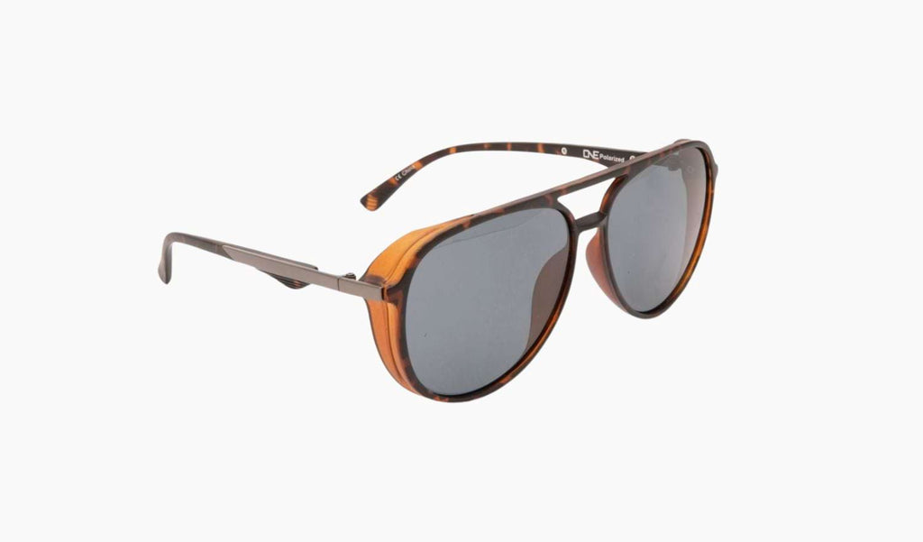 Optic Nerve Govnah sunglasses with a tortoise frame, and smoke lenses on a white background