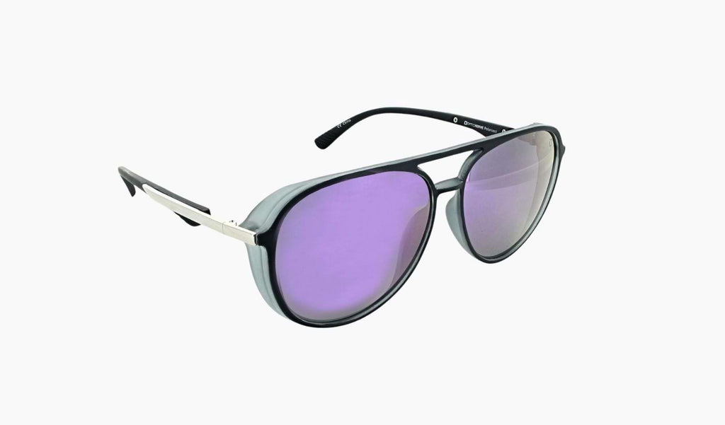 Optic Nerve Govnah sunglasses with a gray frame, smoke lenses, and a purple mirror on a white background