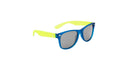 Optic nerve Kids Boogie sunglasses with yellow temples, blue frame, and smoke lenses, on a white background