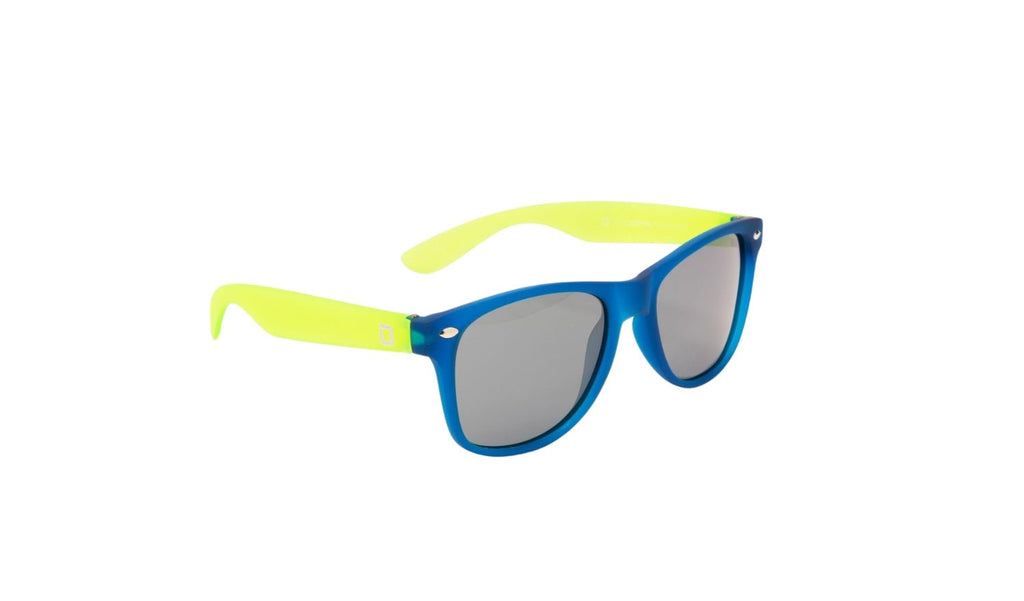 Optic nerve Kids Boogie sunglasses with yellow temples, blue frame, and smoke lenses, on a white background