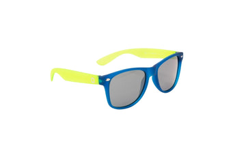 Optic nerve Kids Boogie sunglasses with yellow temples, blue frame, and smoke lenses, on a white background