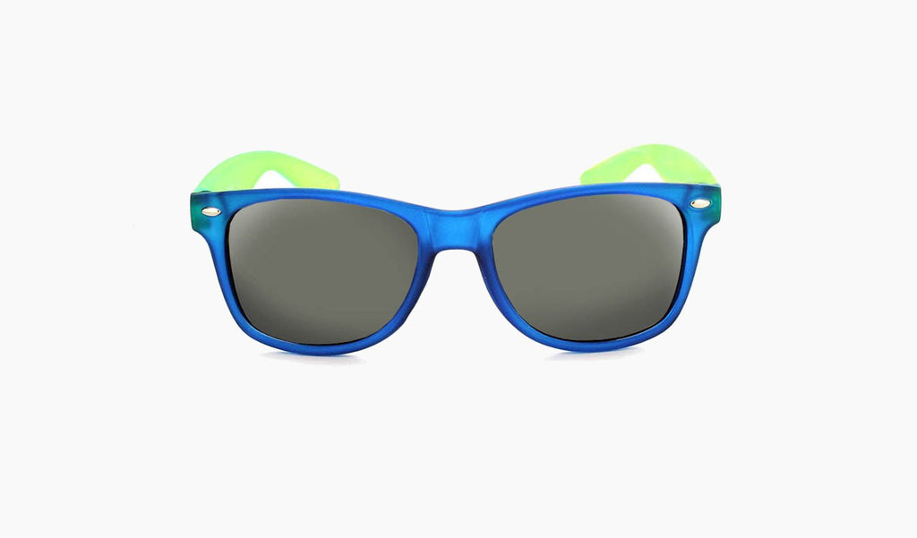 Optic nerve Kids Boogie sunglasses with yellow temples, blue frame, and smoke lenses, on a white background