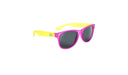 Optic Nerve Kids Boogie sunglasses with yellow temples, purple frame and smoke lenses on a white background