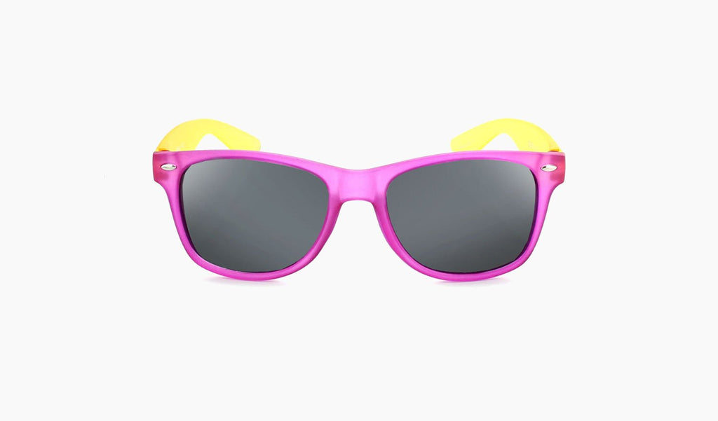 Optic Nerve Kids Boogie sunglasses with yellow temples, purple frame and smoke lenses on a white background