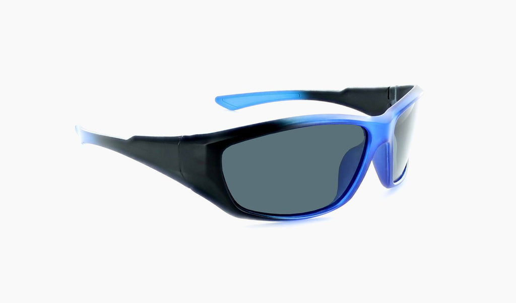 Optic Nerve Kids Cowlick sunglasses with a blue and black frame and smoke lenses on a white background