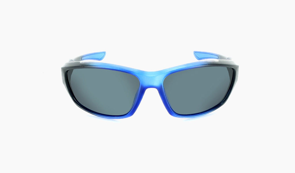 Optic Nerve Kids Cowlick sunglasses with a blue and black frame and smoke lenses on a white background