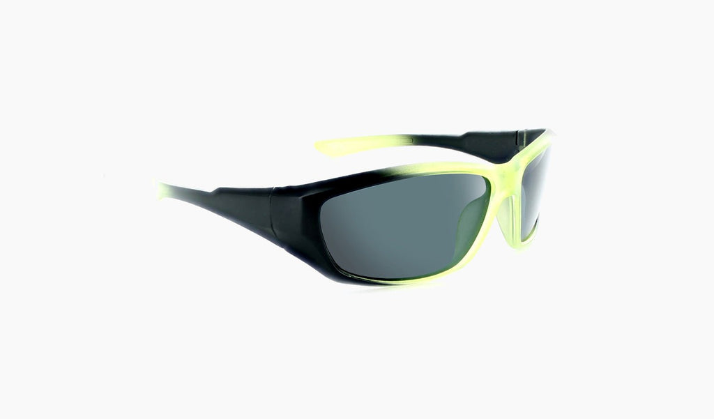 Optic Nerve Kids Cowlick sunglasses with a green and black frame and smoke lenses on a white background
