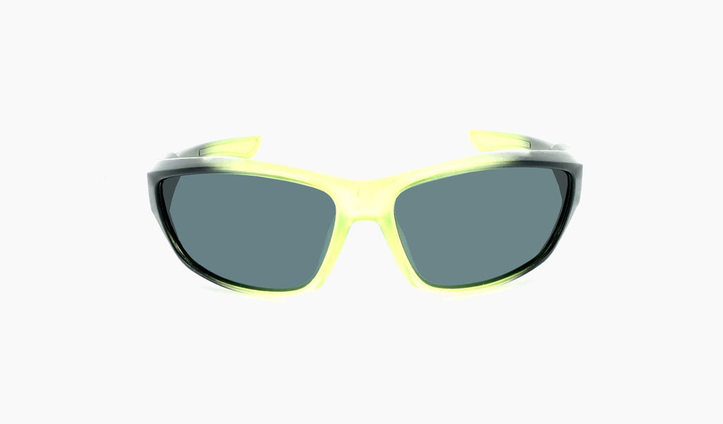 Optic Nerve Kids Cowlick sunglasses with a green and black frame and smoke lenses on a white background