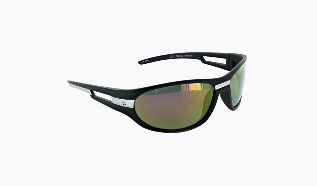 Optic Nerve Kids Homerun sunglasses with a black frame, smoke lenses, and a red mirror on a white background