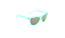 Optic Nerve Kids Juicebox sunglasses with a blue frame, smoke lenses, and a purple mirror on a white background