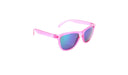 Optic Nerve Kids Juicebox sunglasses with a pink frame, smoke lenses, and a green mirror on a white background