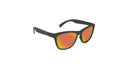 Optic Nerve Kids Juicebox sunglasses with a black frame, smoke lenses, and a red mirror on a white background