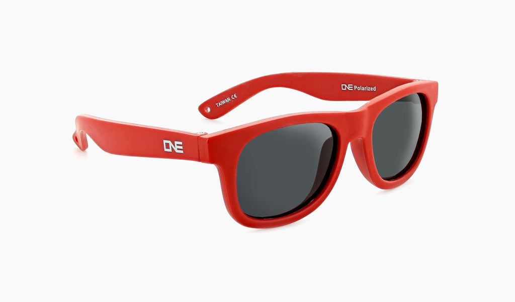 Optic Nerve Kids Snafoo sunglasses with a red frame and smoke lenses on a white background