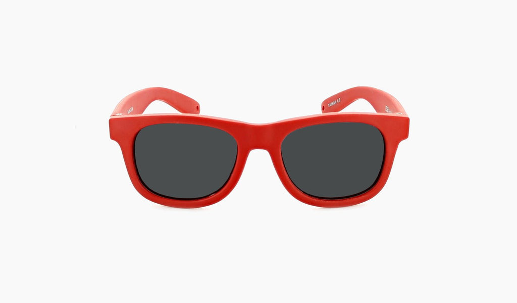 Optic Nerve Kids Snafoo sunglasses with a red frame and smoke lenses on a white background