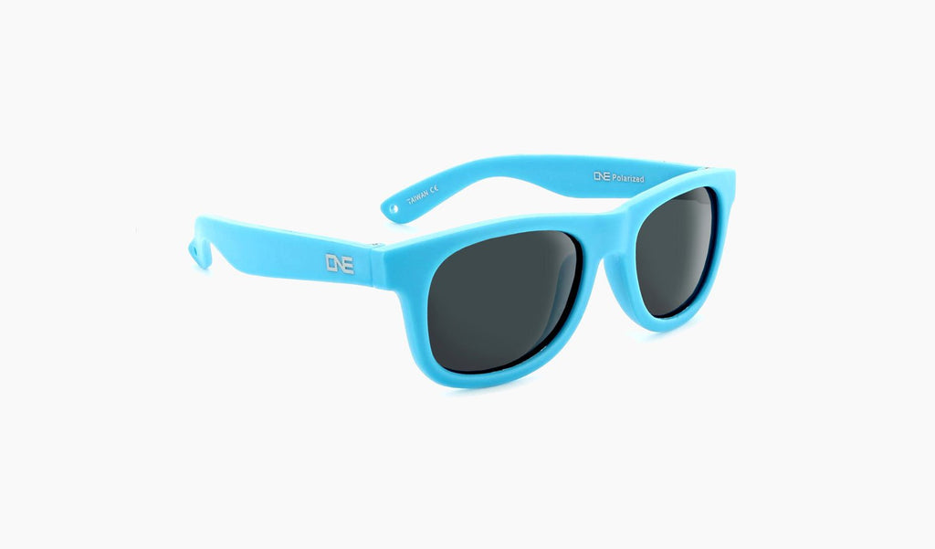 Optic Nerve Kids Snafoo sunglasses with a blue frame and smoke lenses on a white background