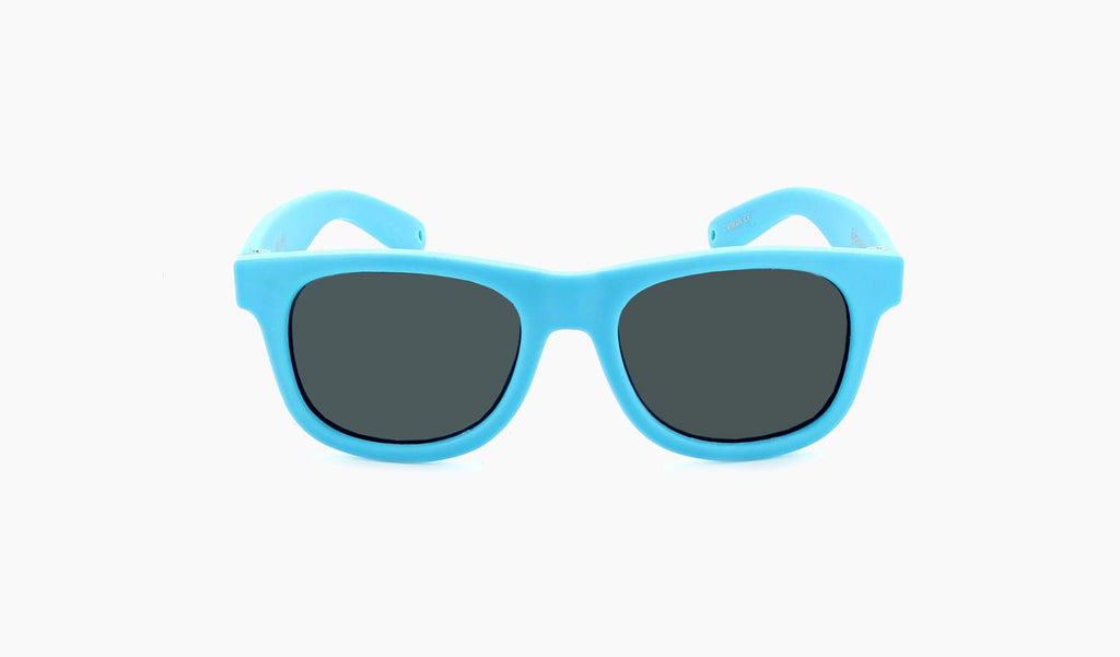 Optic Nerve Kids Snafoo sunglasses with a blue frame and smoke lenses on a white background