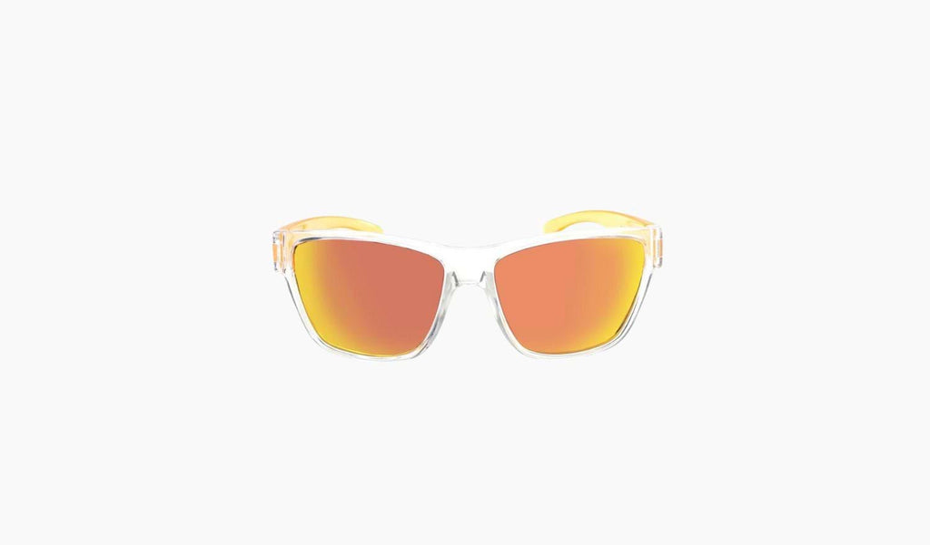 Optic Nerve Kids Tag sunglasses with an orange frame, smoke lenses and a red mirror on a white background