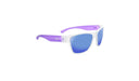 Optic Nerve Kids Tag sunglasses with a purple frame, smoke lenses, and a blue mirror on a white background