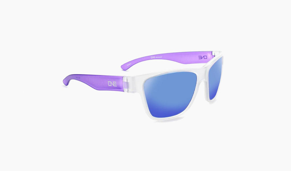 Optic Nerve Kids Tag sunglasses with a purple frame, smoke lenses, and a blue mirror on a white background