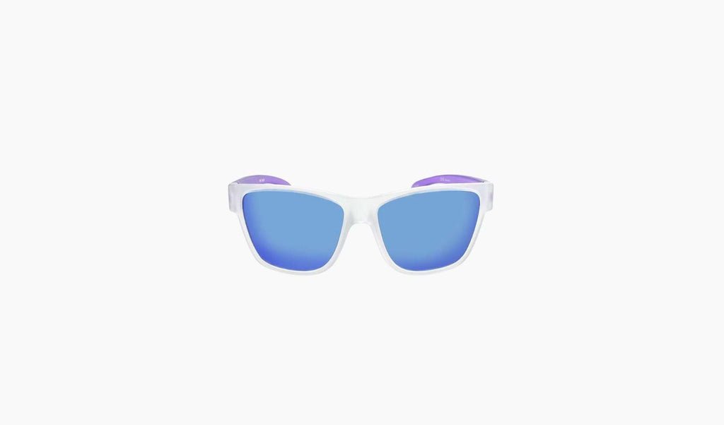 Optic Nerve Kids Tag sunglasses with a purple frame, smoke lenses, and a blue mirror on a white background