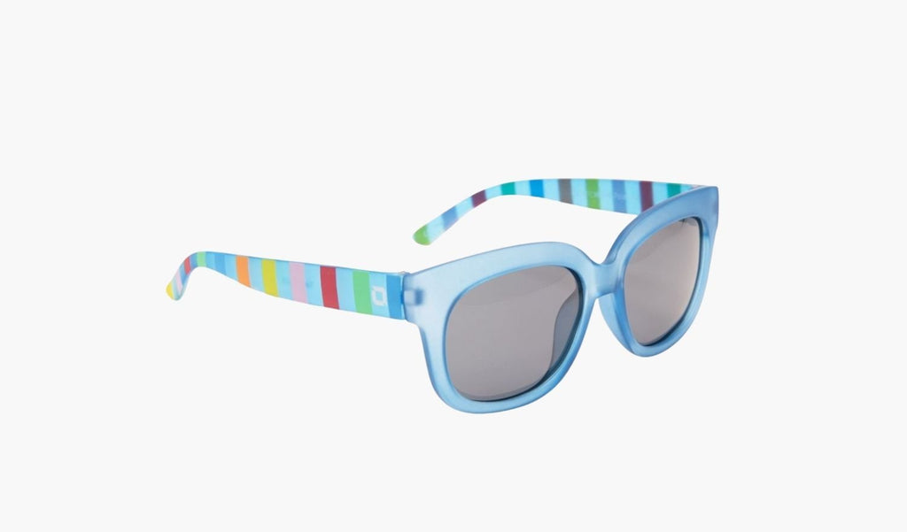 Optic Nerve Kids Tart sunglasses with patterned temples, blue frame, and smoke lens on a white background