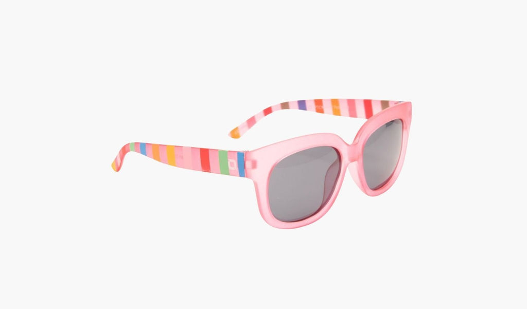 Optic Nerve Kids Tart sunglasses with patterned temples, pink frame, and smoke lenses on a white background