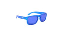 Optic Nerve Kids Wee Peet sunglasses with a blue frame, smoke lenses, and a blue mirror on a white background