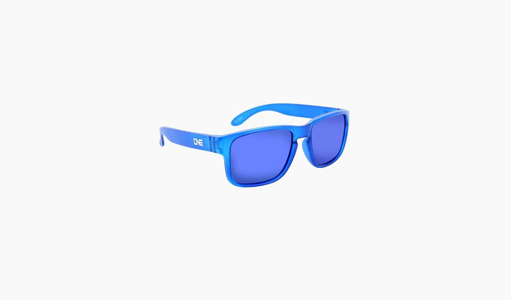 Optic Nerve Kids Wee Peet sunglasses with a blue frame, smoke lenses, and a blue mirror on a white background